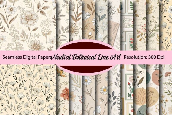 Download Neutral Botanical Line Art Digital Paper - Neutral Collection